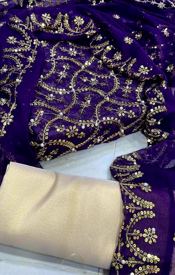 Crinkle Chiffon Dress with Sequins and Pearls Work
