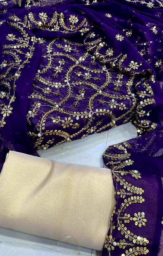 Crinkle Chiffon Dress with Sequins and Pearls Work